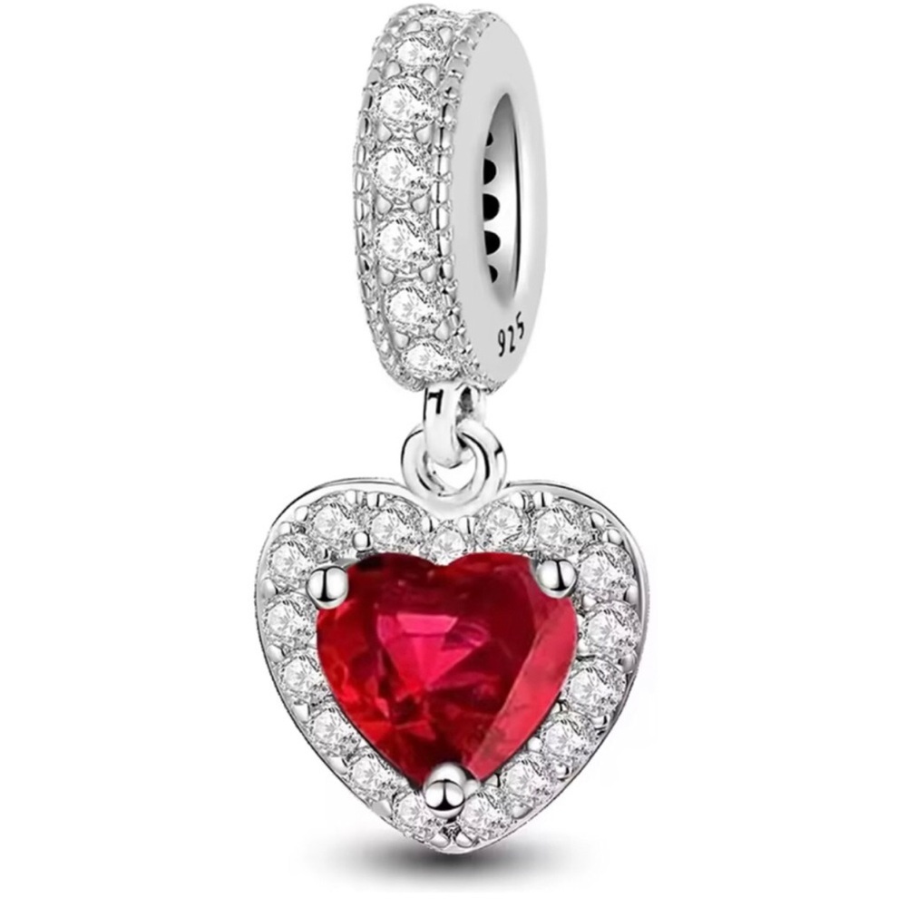 Sterling Silver Heart Charm Pendant with Red Crystal